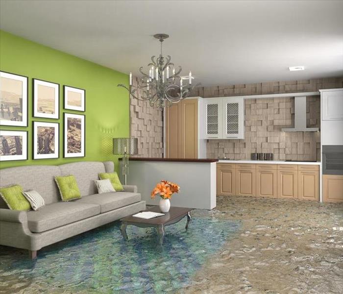 A half kitchen, and half living room with standing water. 